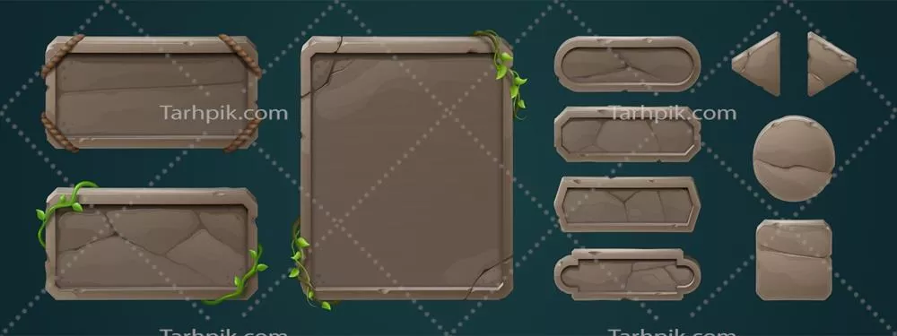 مجموعه بردهای منوی بازی سنگی با پیچک‌ها و تاک‌ها به صورت وکتور