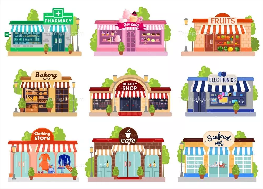 مجموعه وکتور نمای فروشگاه ها برای طراحی گرافیکی و تبلیغات