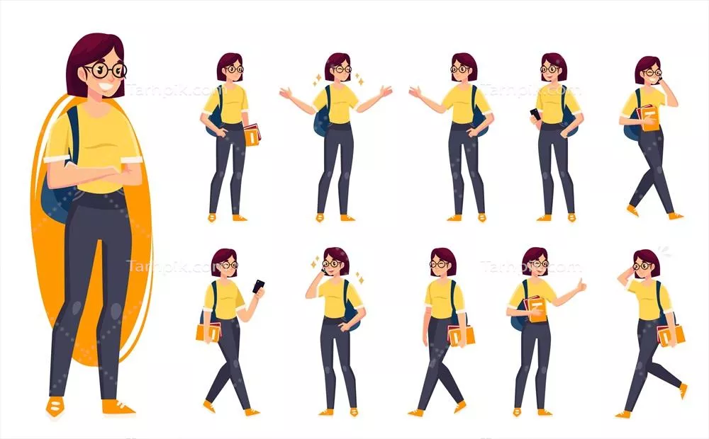 مجموعه وکتور دانشجویان با حالت‌های مختلف و متنوع برای طراحی گرافیکی