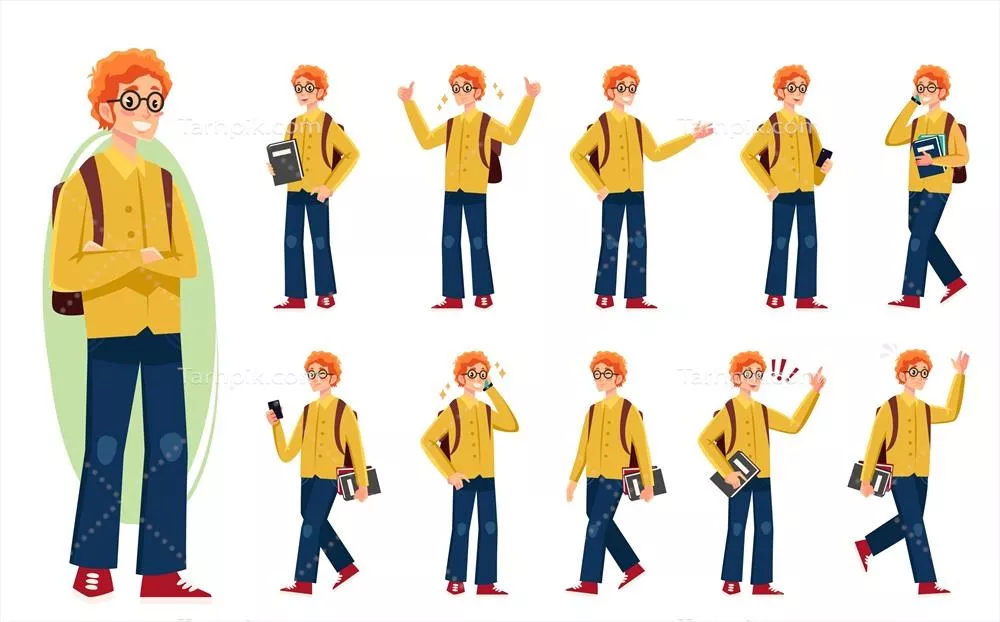 وکتور مجموعه دانش آموز با حالت‌های مختلف ویکتوری برای طراحی‌ها