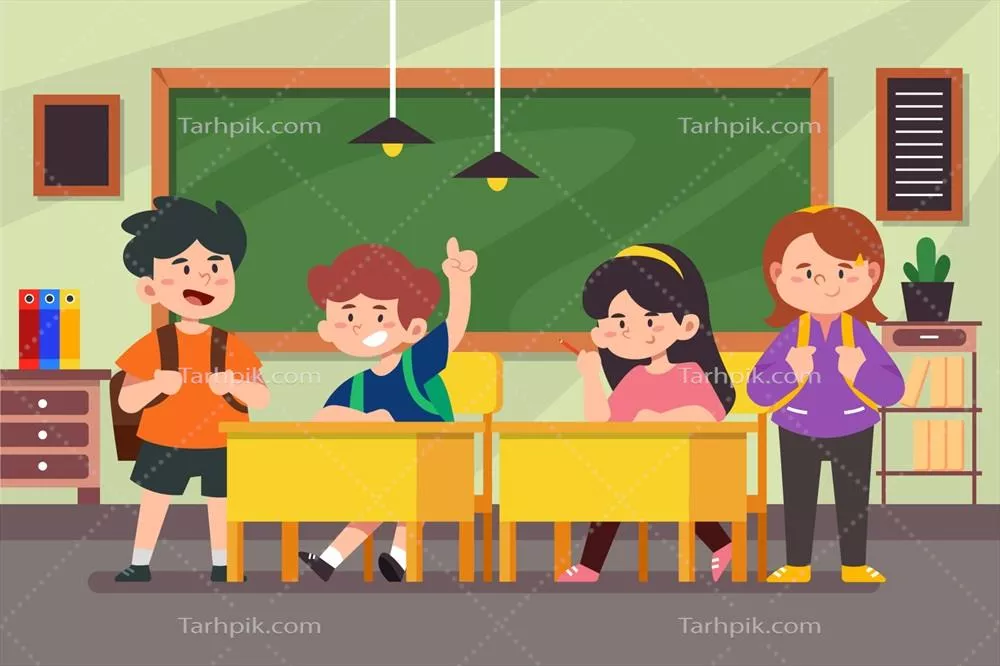 وکتور تصویری از دانشآموز در کلاس همراه با همکلاسیاش در حال یادگیری