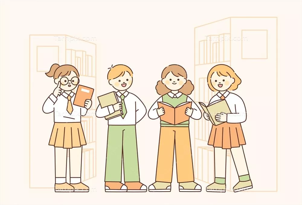 وکتور دانش‌آموزان در لباس‌ فرم مدرسه در کتابخانه در حال مطالعه هستند