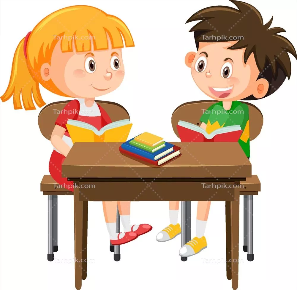 وکتور دانش‌آموزان نشسته بر روی میز مدرسه در فضایی آموزشی