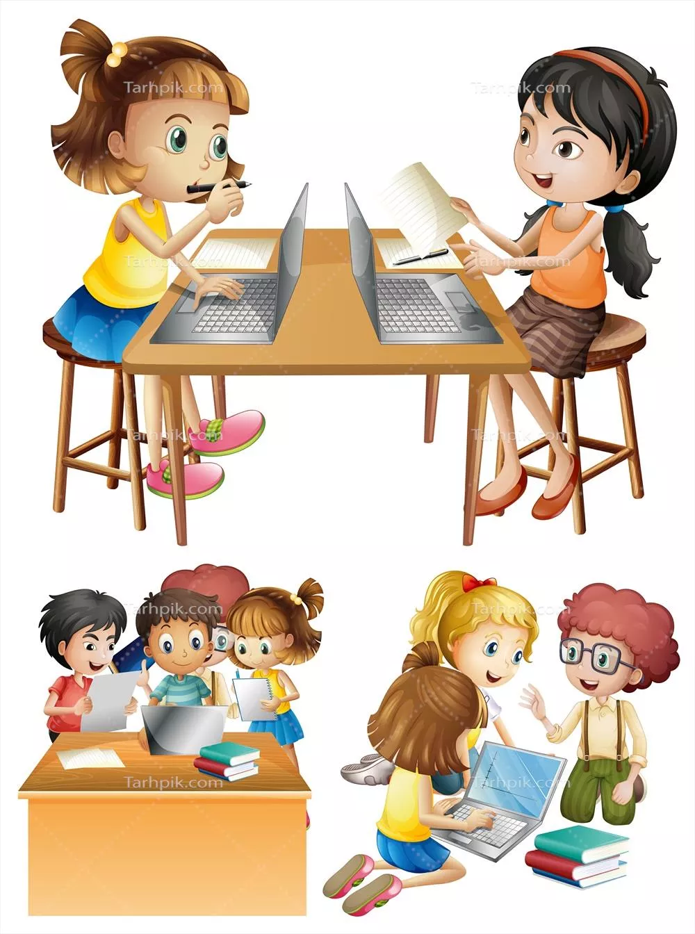 تصویر وکتوری دانشجویان در حال کار با کامپیوتر در محیط آموزشی