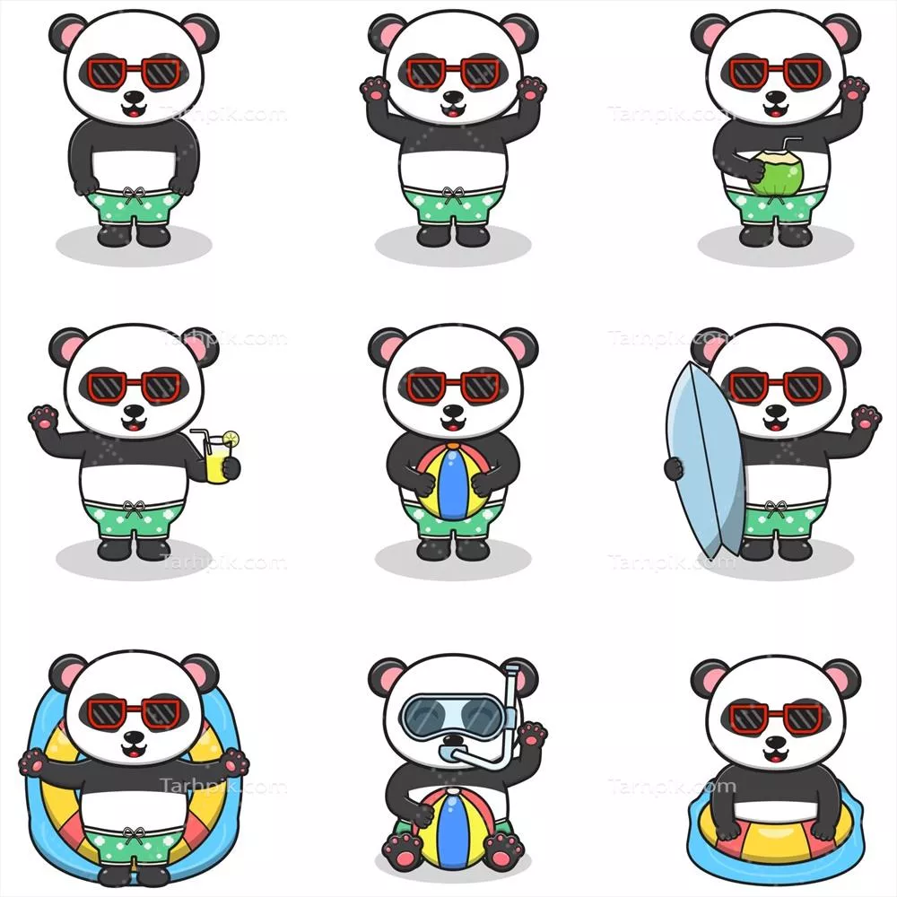 تصویر وکتور پاندای بامزه در تابستان با طراحی فلت و رنگ‌های جذاب