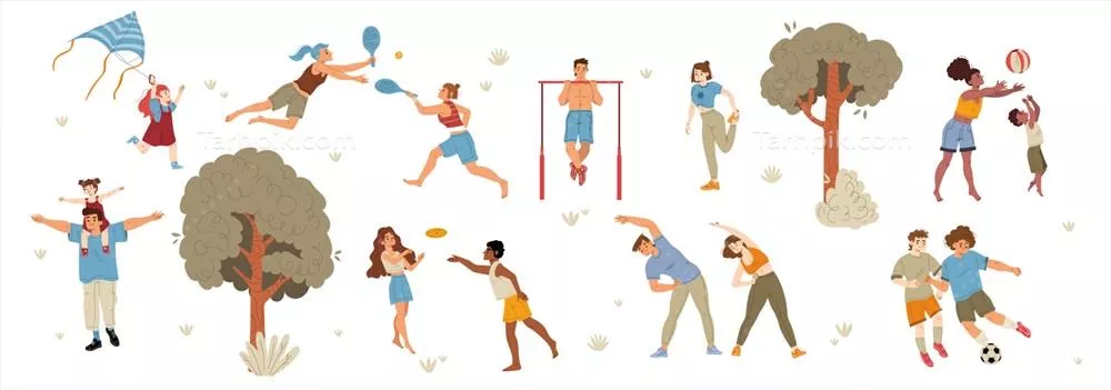وکتور فعالیت‌های ورزشی و تفریحی در فضای باز تابستانی برای افزایش نشاط و سلامت