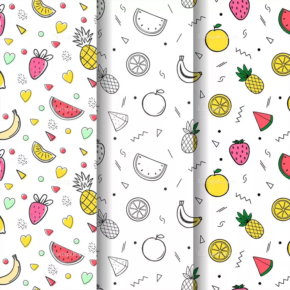 وکتور مجموعه الگوهای تابستانی با میوهها و اشکال هندسی متنوع