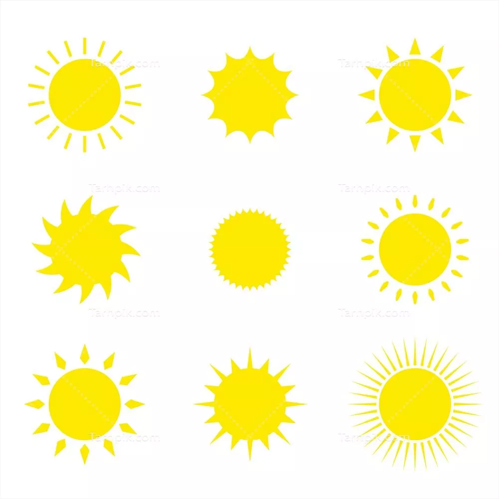 مجموعه آیکون‌های خورشید با طراحی وکتور، ایزوله شده بر روی پس‌زمینه سفید