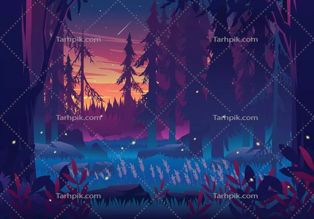 وکتور تصویرسازی از غروب در منظره جنگل با رنگ های گرم و زیبا