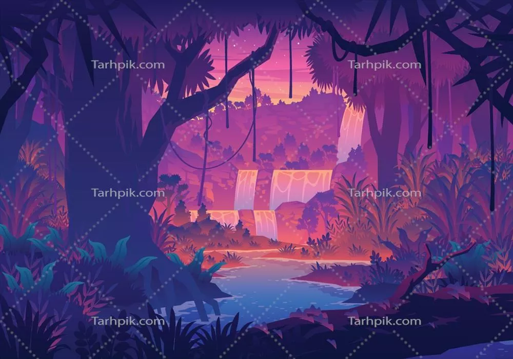 وکتور نقاشی از منظر جنگل و رودخانه در غروب خورشید با رنگ های زیبا