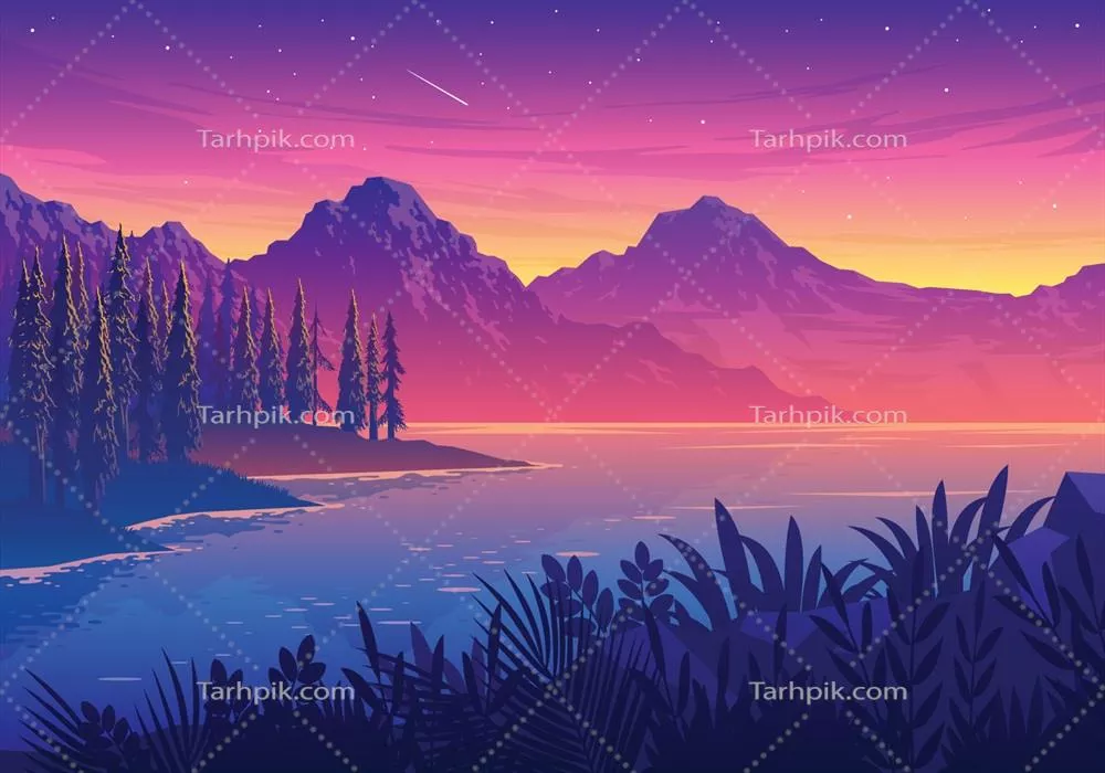 وکتور تصویرسازی غروب خورشید در دریاچه و چشمانداز طبیعی زیبا