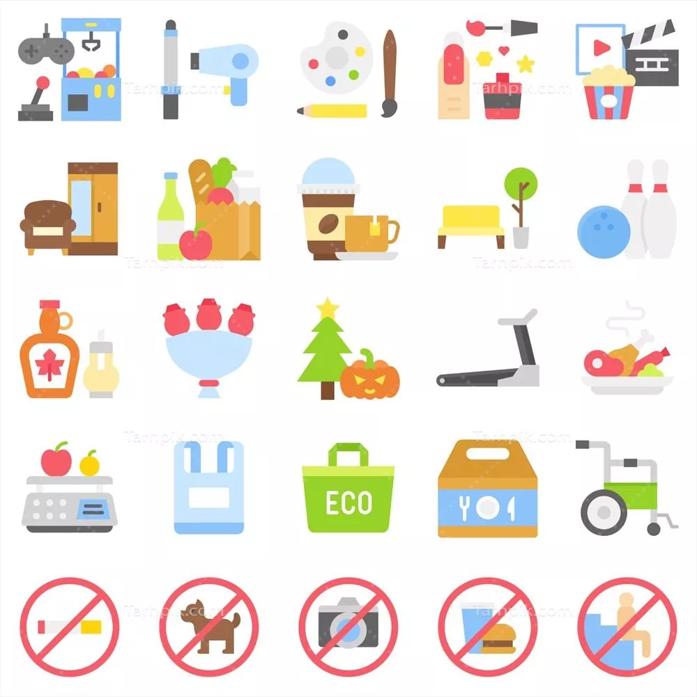 وکتور مجموعه آیکون های فروشگاه و مرکز خرید به سبک فلت - 5 عددی