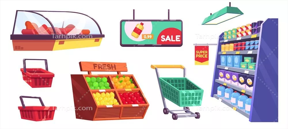 کتابخانه قفسه های سوپرمارکت با سبدهای خرید و تصاویر وکتور