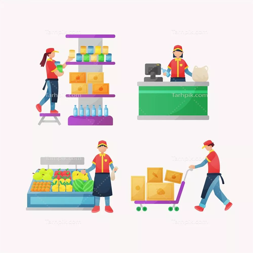 مجموعه وکتور کارگران سوپرمارکت در حال انجام وظایف مختلف