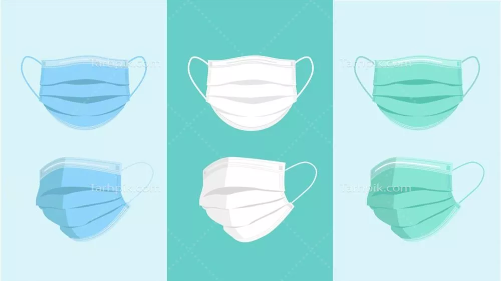 وکتور ماسک جراحی با رنگ های آبی، سفید و سبز برای حفاظت در محیط های پزشکی