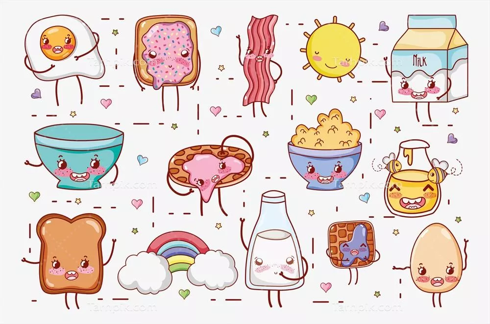 وکتور صبحانه‌های شیرین و کایوایی با طراحی گرافیکی کاریکاتورهای بامزه