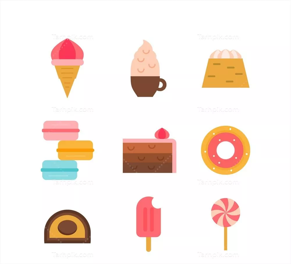 مجموعه دسرهای شیرین به سبک مسطح با طراحی وکتور زیبا