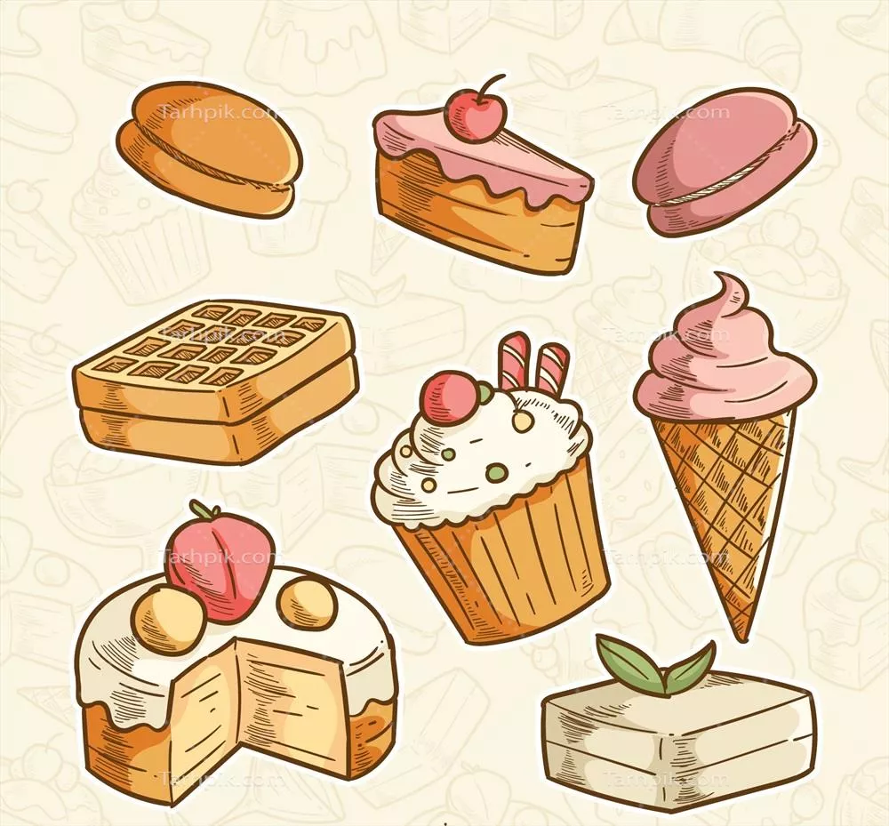 مجموعه شیرینیهای خوشمزه به صورت طراحی دستی و وکتور