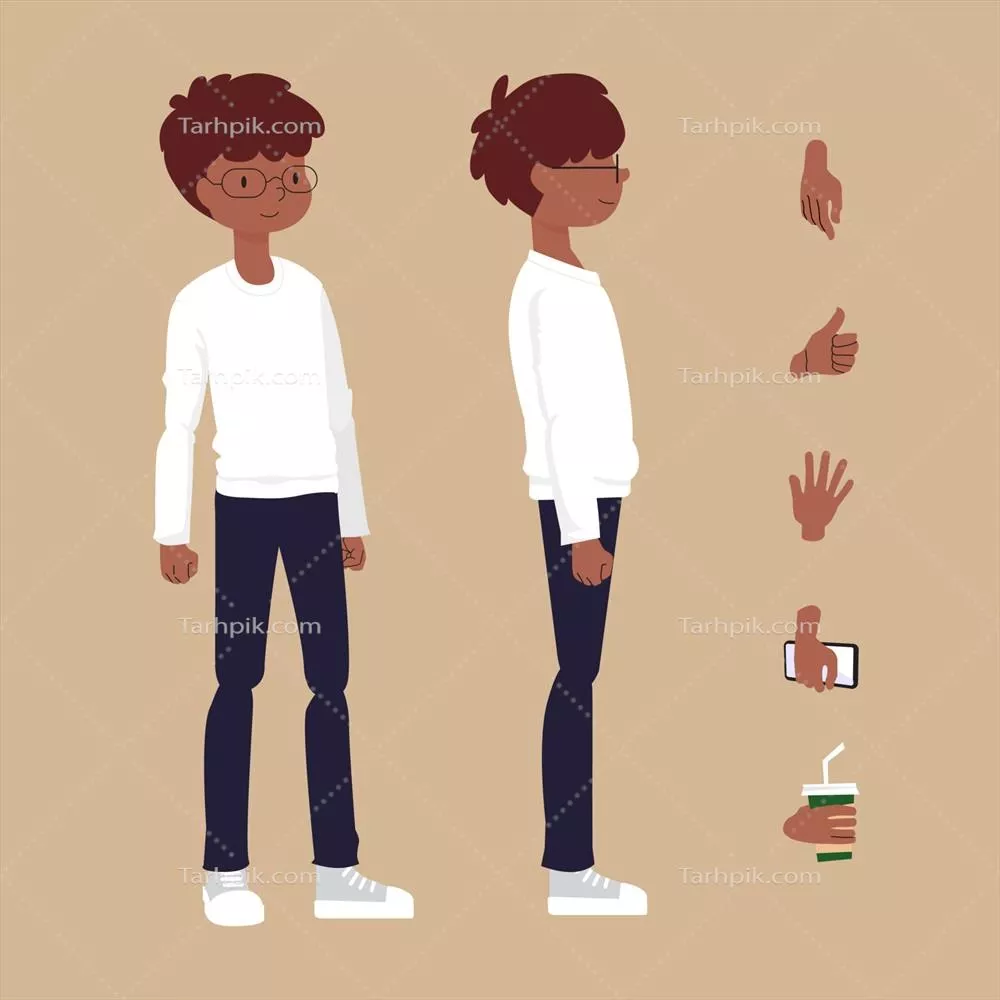 وکتور شخصیت پسر با پوست برنزه و عینک برای الگوی حرکتی انیمیشن