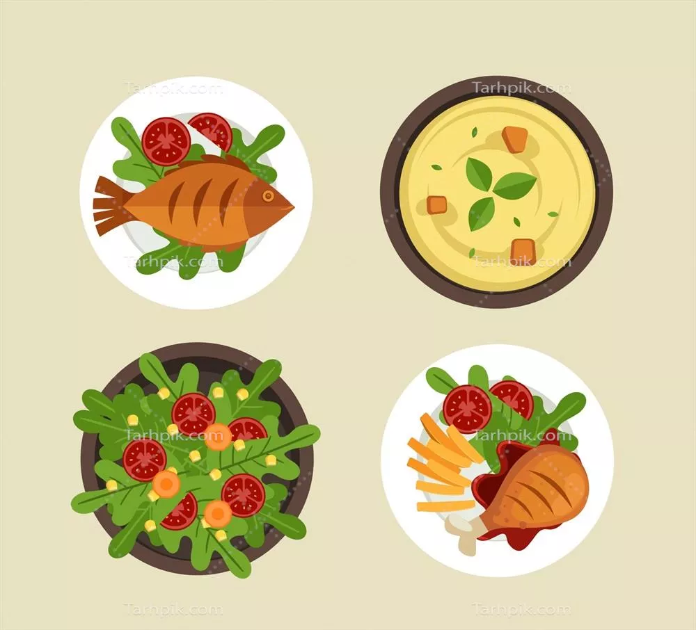 مجموعه وکتور از غذاهای خوشمزه و متنوع برای ارائه و نمایش