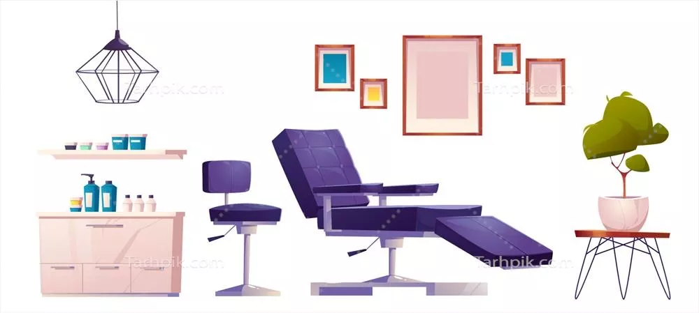 وکتور مجموعه لوازم و مبلمان تخصصی سالن تاتو برای هنرمندان خلاق