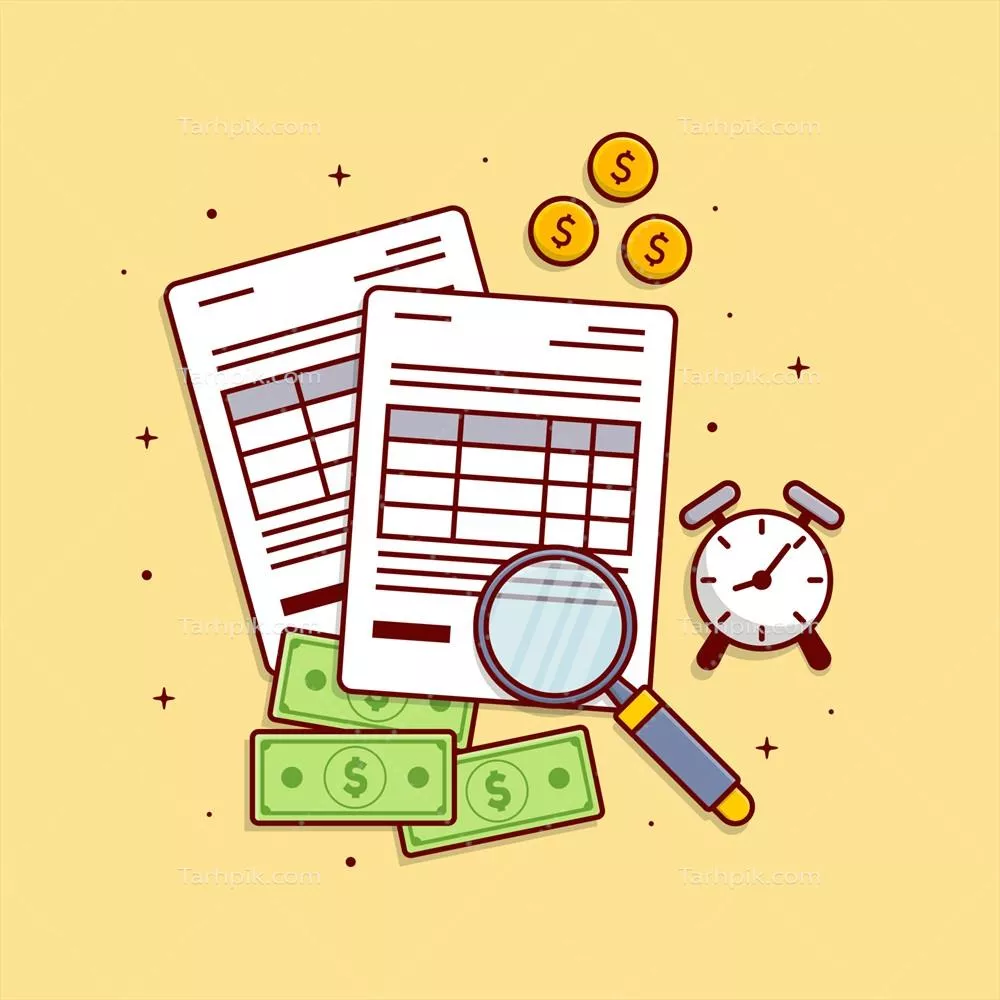 وکتور تصویر خوشنگاری از زنگ هشدار مالیاتی و پرداخت به صورت کاغذی و کارتونی