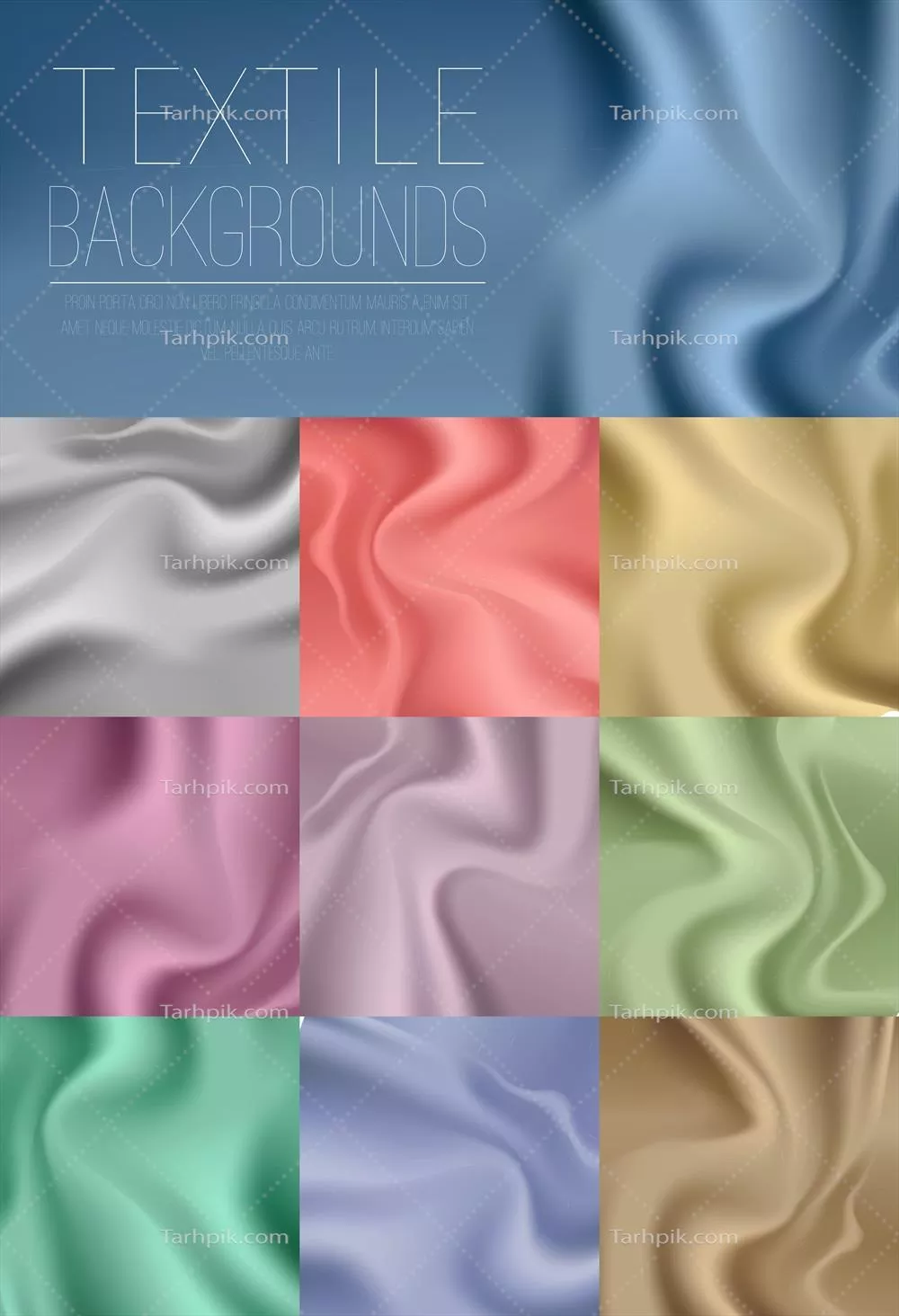 وکتور مجموعه رنگارنگ پارچهها و پردهها با رنگهای آبی، طلایی، نقرهای، سبز، صورتی و بنفش