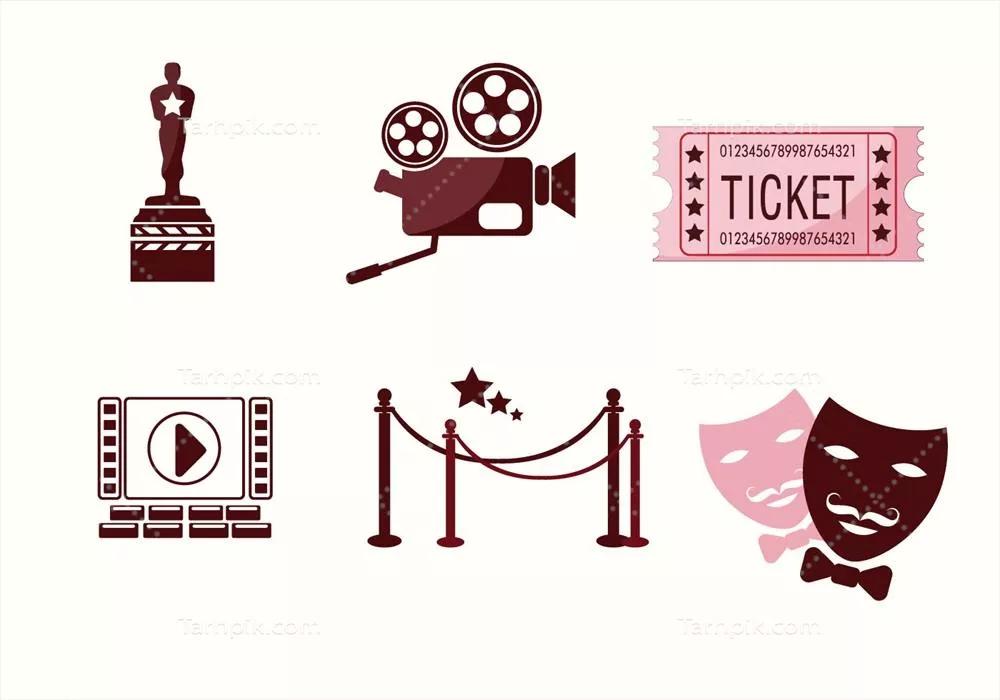 وکتور مجموعه بردار شامل آیکونها و نمادهای مرتبط با سینماتوگرافی و دنیای سینما