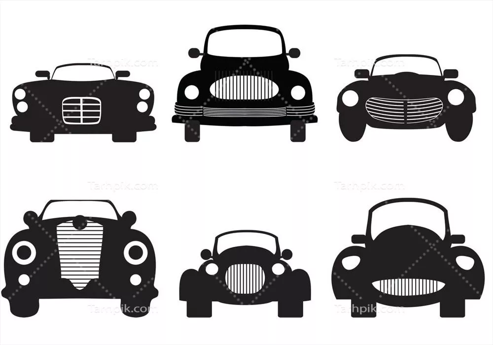 کتابخانه وکتورهای سیلویتی کلاسیک اتومبیل از نمای جلو با مدلهای مختلف