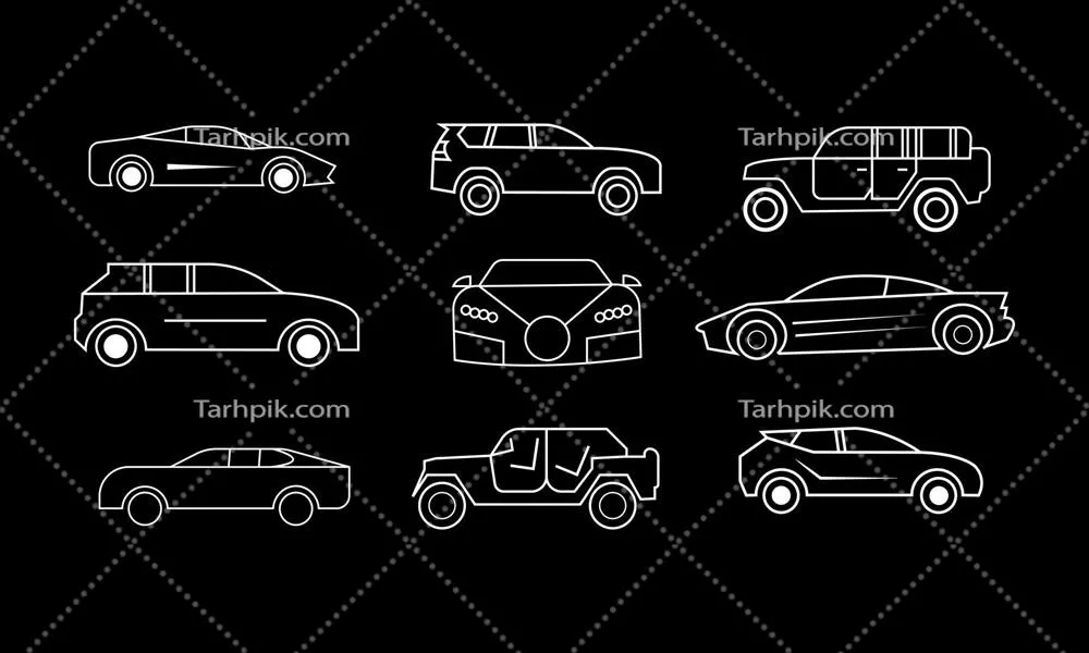 وکتور مجموعه آیکون‌های خودرو با طراحی خطی نازک در پس‌زمینه سیاه
