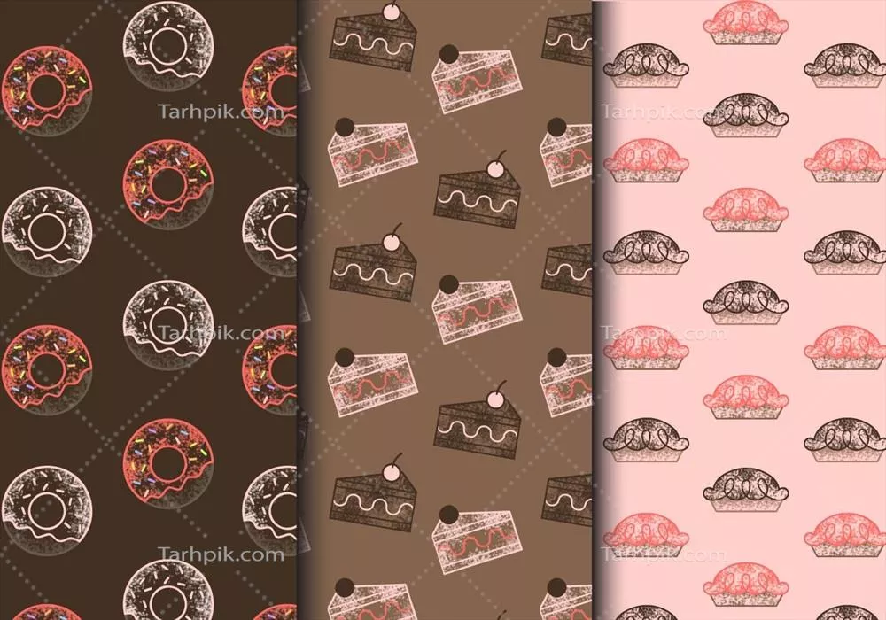 وکتور منبع گرافیکی شامل سه الگوی بدون درز از انواع شیرینیها و کیکها برای استفاده در وب و چاپ
