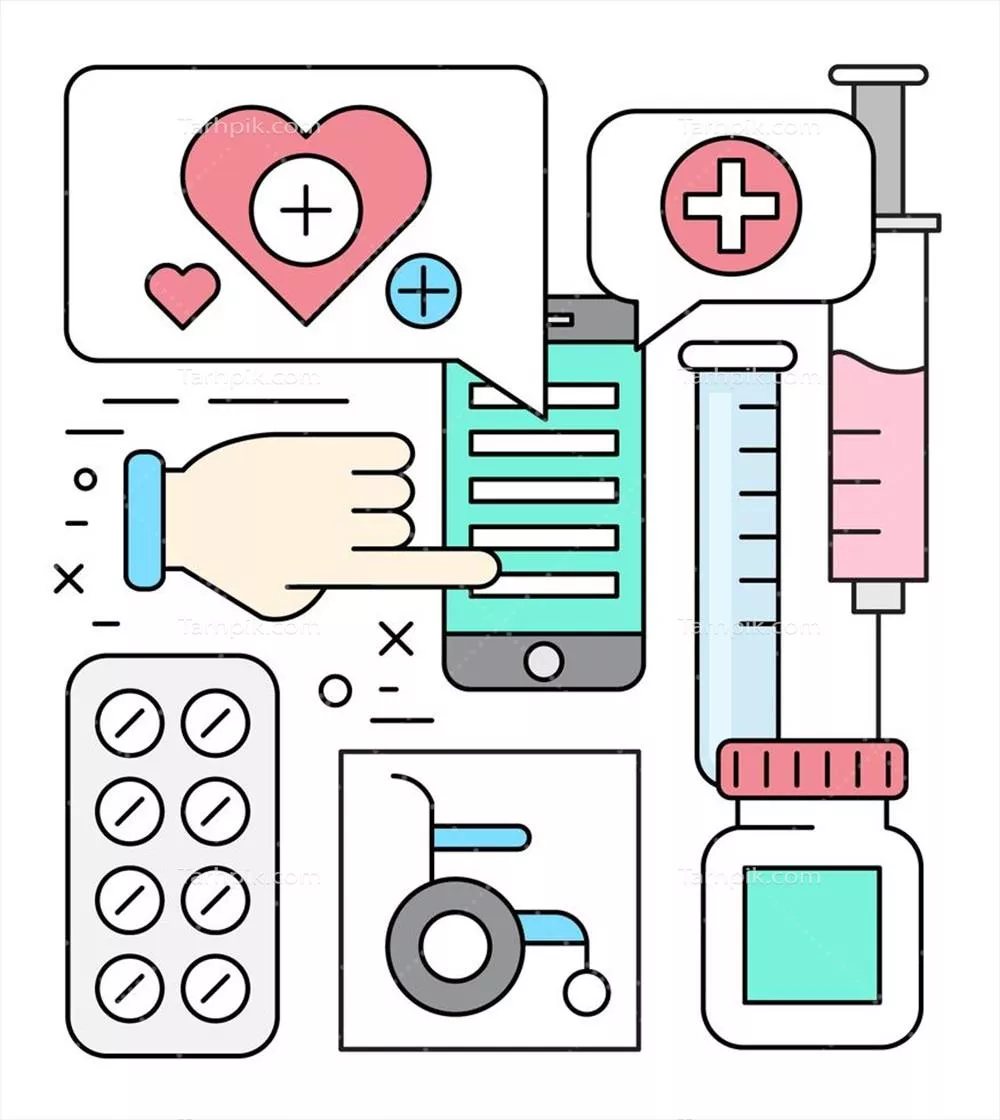 وکتور تصویرسازی شامل چندین نماد پزشکی با سبک خطی و طراحی مینیمالیستی برای پروژه‌های آتی