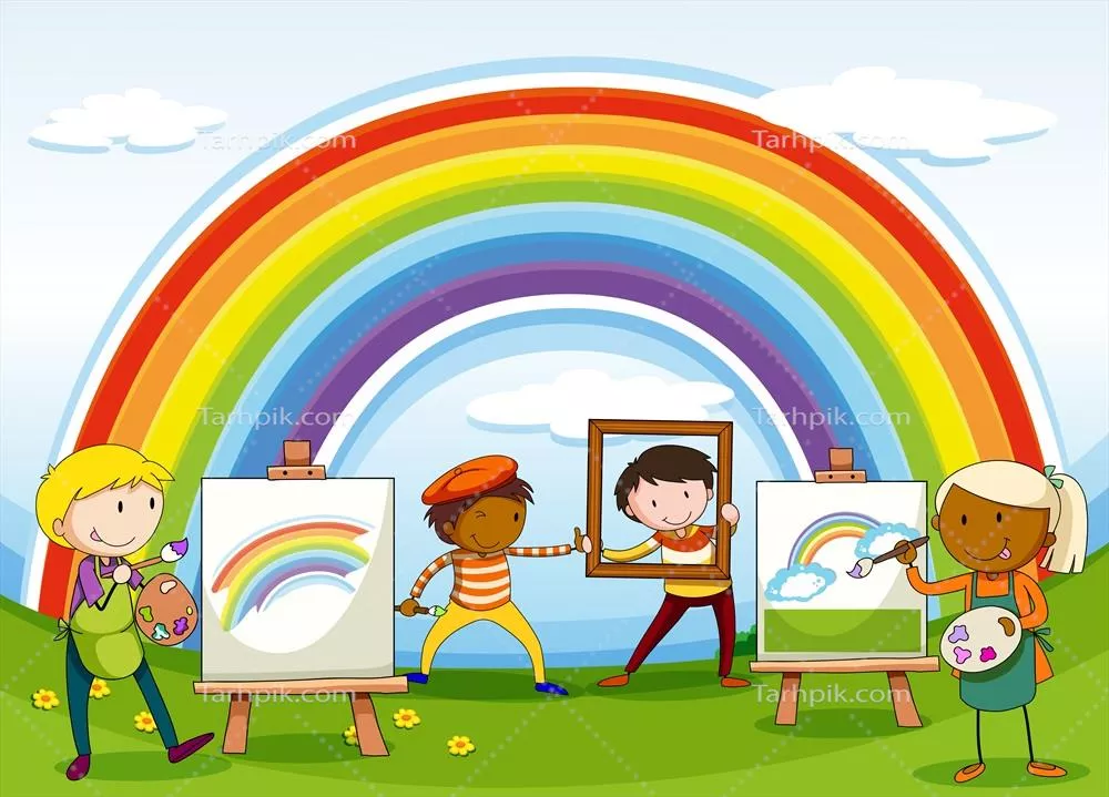 وکتور سه هنرمند در حال نقاشی منظره ای در دشت با طبیعت زیبا