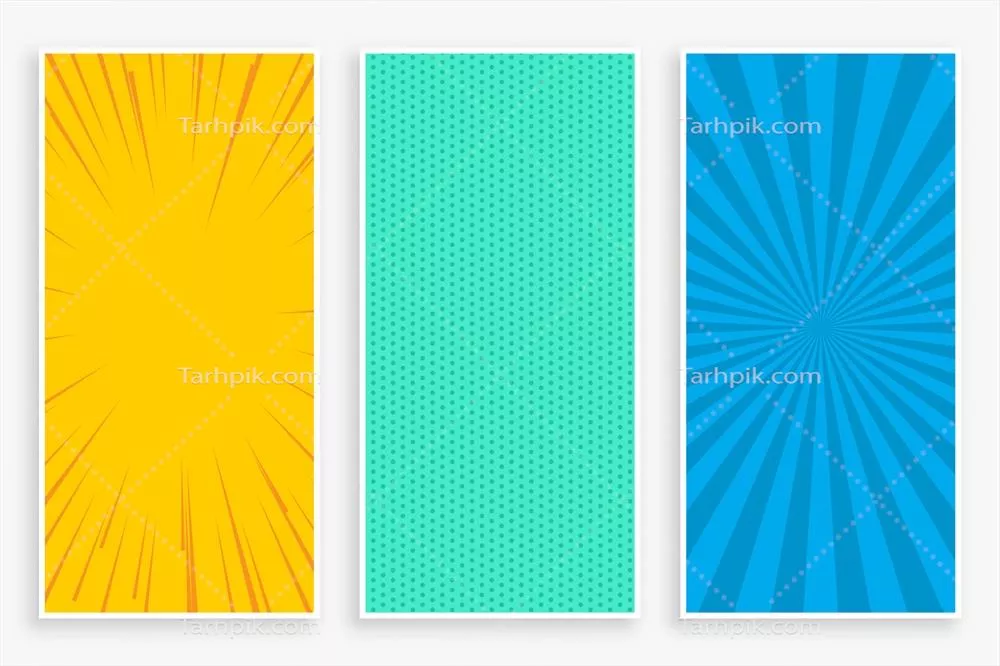 ست بنرهای عمودی سه رنگی به سبک کمیک - وکتور برای طراحی گرافیکی