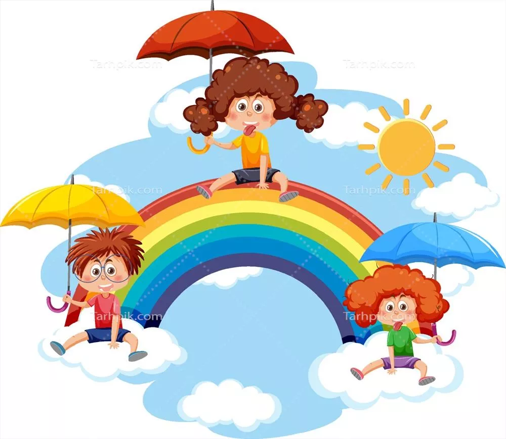 وکتور سه کودک در آسمان با چتر در حال بازی و شادی