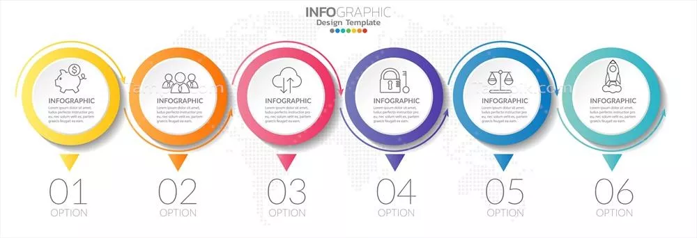 وکتور اینفوگرافیک های تایم لاین با مراحل و آیکون های بازاریابی