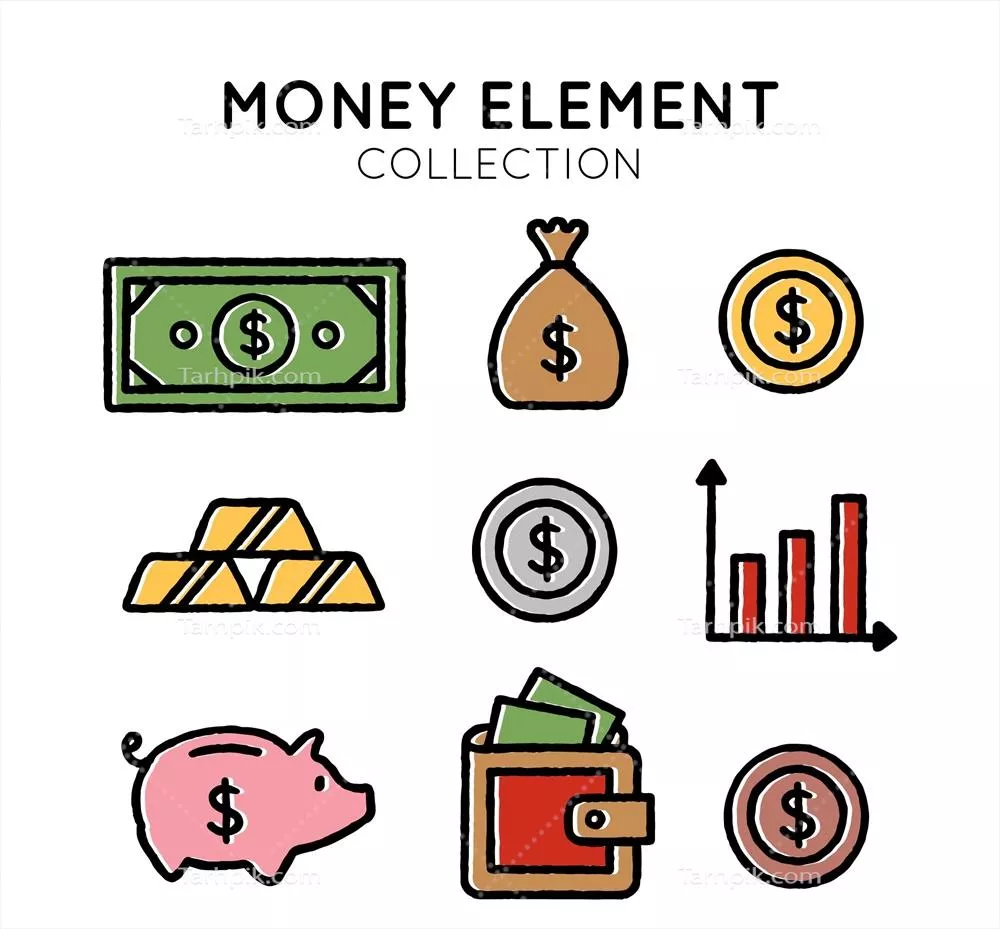 مجموعهای از اشکال متنوع پول و اقلام مالی وکتور