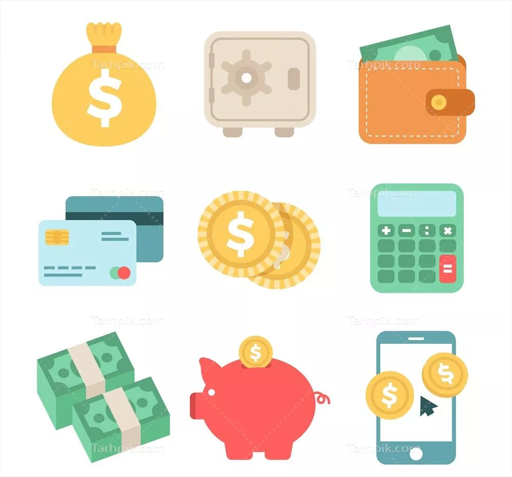 وکتور مجموعه ای از تصاویر برداری انواع اقلام پولی و مالی