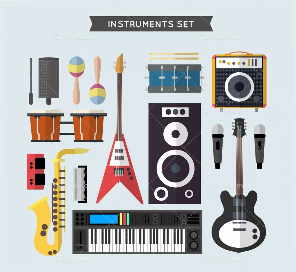 مجموعه ای از تصاویر وکتوری تنوع سازهای موسیقی مختلف