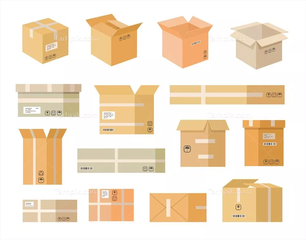 مجموعه آیکون های وکتور جعبه های مقوایی صاف و متنوع