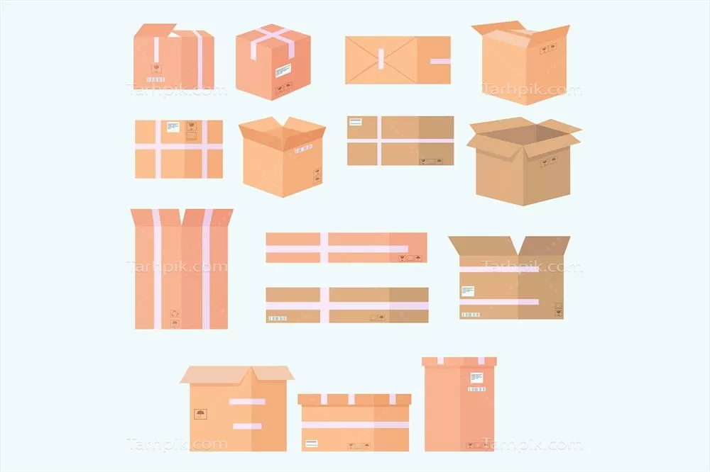 وکتور مجموعه آیکون جعبه های مقوایی به سبک کارتونی و متنوع