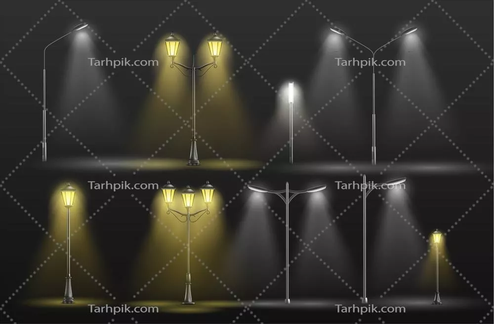چراغ‌های خیابانی شهر در شب: نور زرد، گرم و سرد، روشنایی سفید به صورت وکتور
