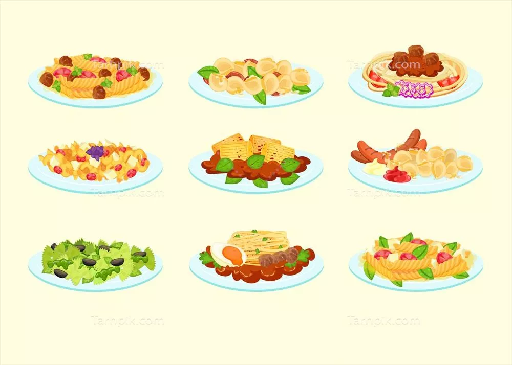 مجموعه ای از طراحی های وکتوری انواع پاستاهای مختلف بر روی بشقاب