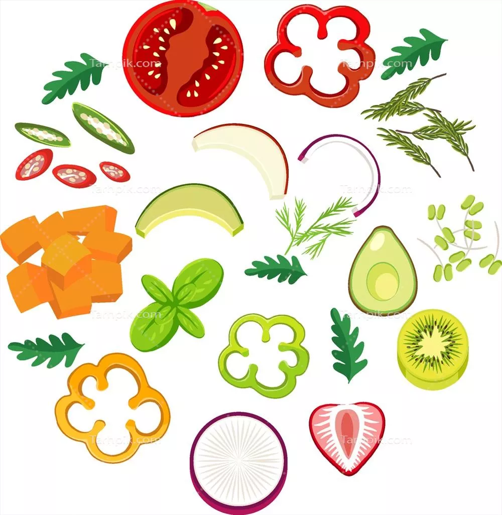 وکتور ترکیب متنوعی از سبزیجات و میوهها بر روی زمینه سفید