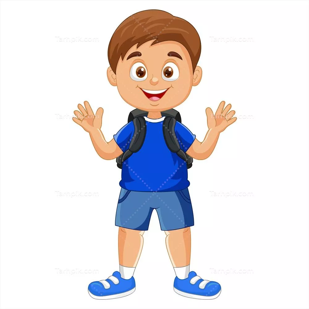 کاریکاتور وکتور پسر مدرسه ای با کوله پشتی که دست خود را تکان می دهد