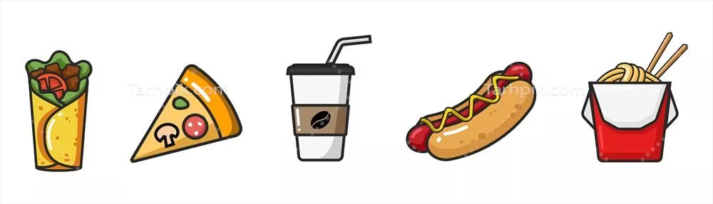 وکتور آیکون رنگارنگ بیرون‌بر: بوریتو، پیتزا، قهوه، هات‌داگ و باکس وک بر روی پس‌زمینه سفید