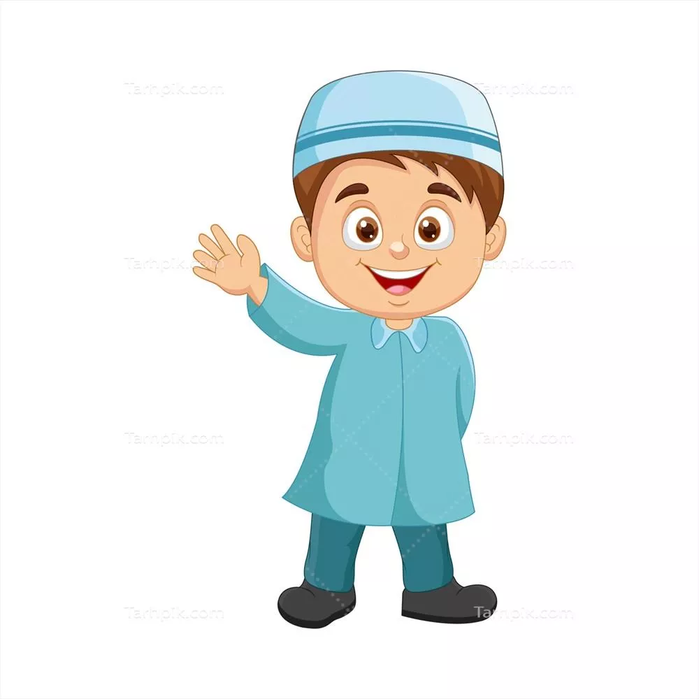 کاریکاتور پسر مسلمان شاد با دست تکان دادن در وکتور