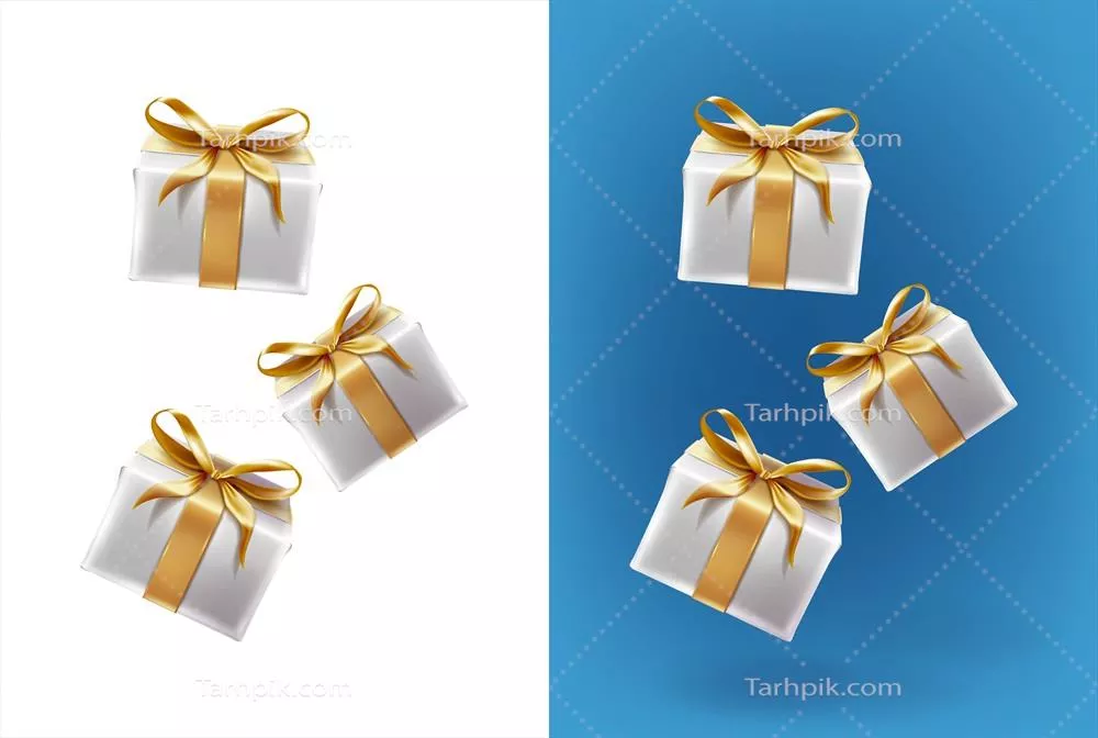 ست آیکون های وکتور جعبه های پرنده سفید با روبان های طلایی بر روی پس زمینه سفید و آبی