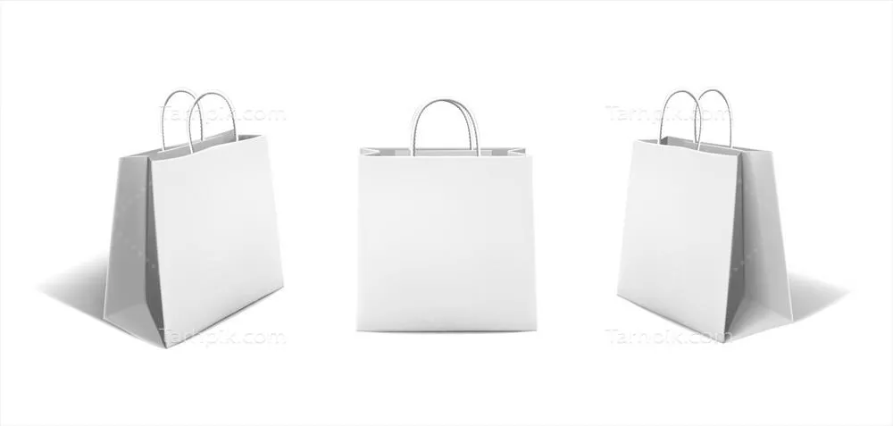 ست آیکون‌های وکتوری کیسه‌های کاغذی سفید با نمای جلو و دو نمای جانبی روی پس‌زمینه سفید