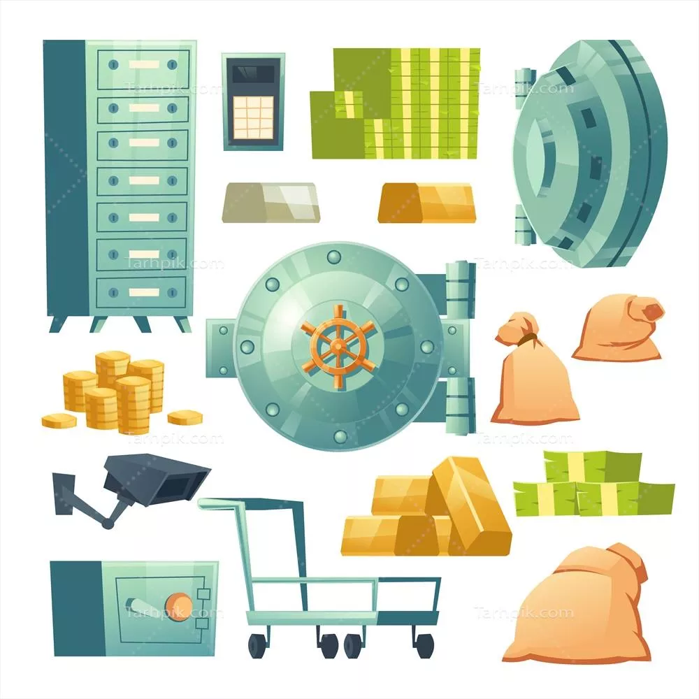 مجموعه آیکن‌های وکتور گاو صندوق بانکی و پول نقد
